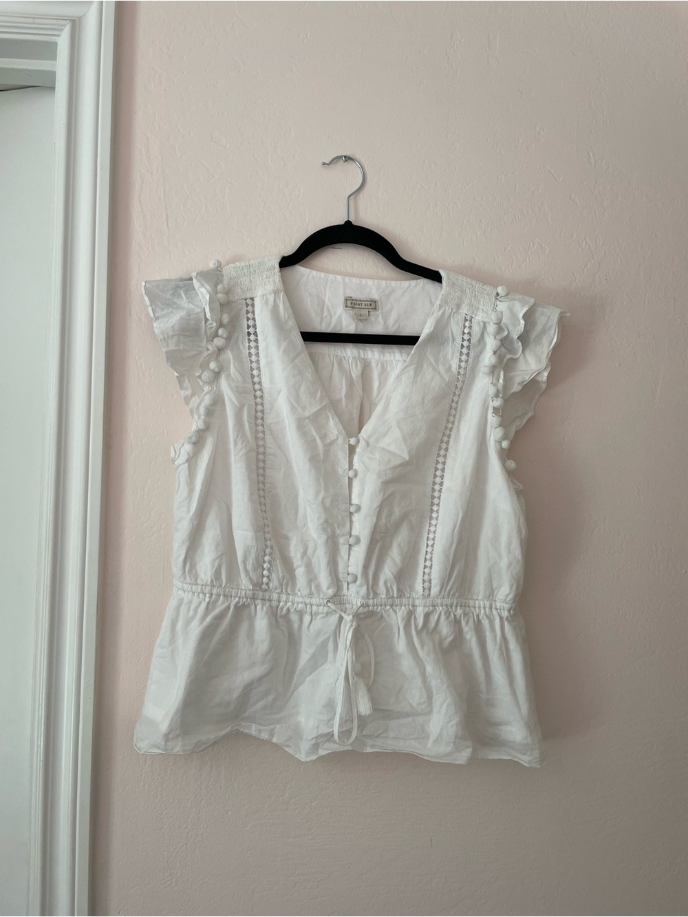 J. Crew Point Sur Flutter-Sleeve Pom-Pom Top